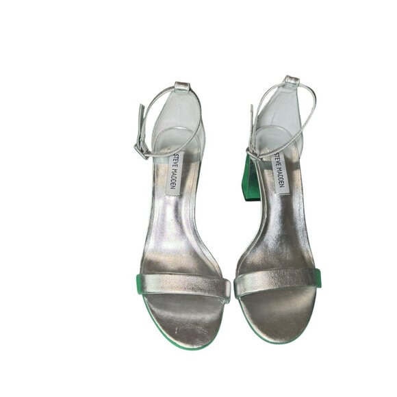 Steve Madden Silver Mirror Block Heel Sandals | Size 9 | 4" Heel | New - Picture 1 of 8